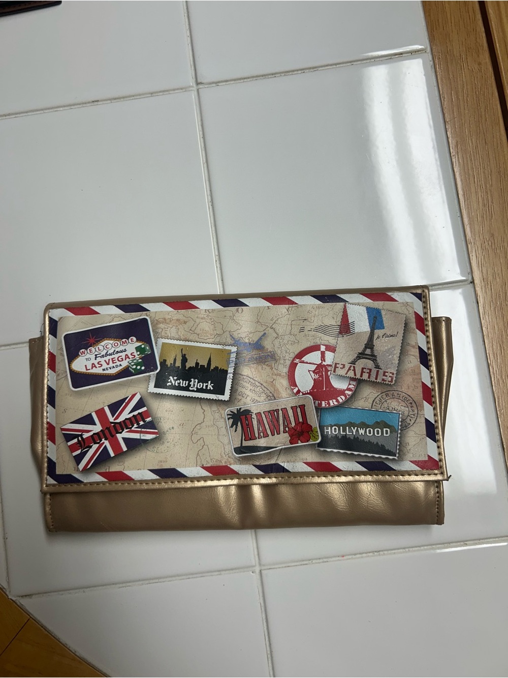 Travel-Stamp Metallic Gold Clutch Wallet